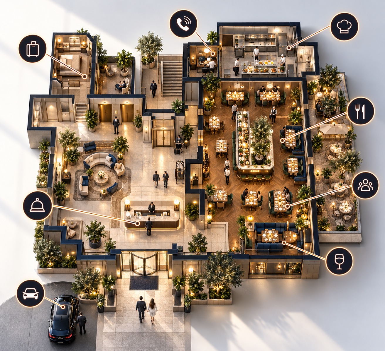 plan de l’hôtel avec restaurant vu de dessus