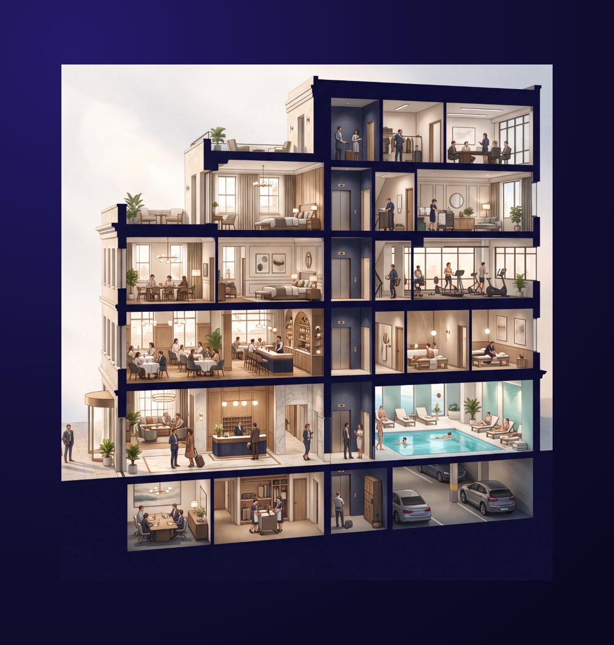 Etablissement hotelier en coupe : chambres, restaurant, bar, spa, reception, parking